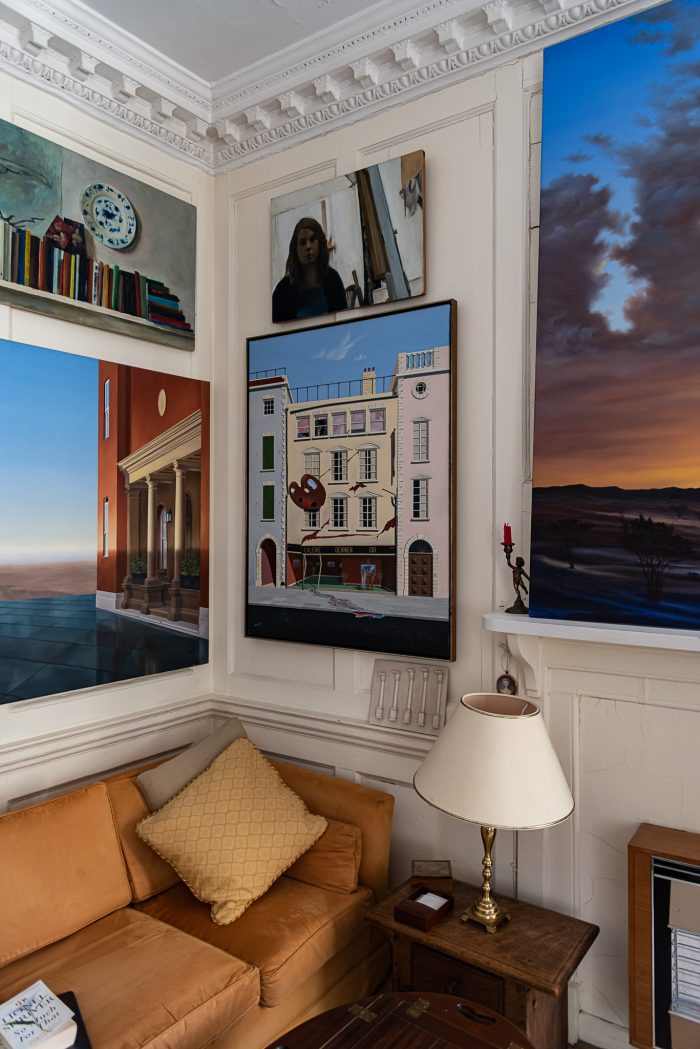 A living room with art