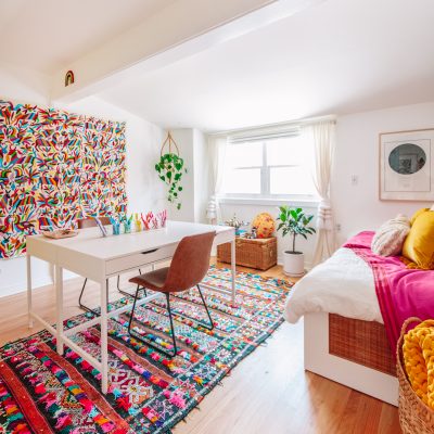 How To Create A Home Office Guest Room (+ Tips For How To Design A Multipurpose Room!) Colorful Home Office Guest Bedroom with Moroccan Rugs and Otomi Tapestry