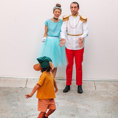 DIY Family Cinderella Costume Cinderella Family Costume with Gus Gus in front of a white wall