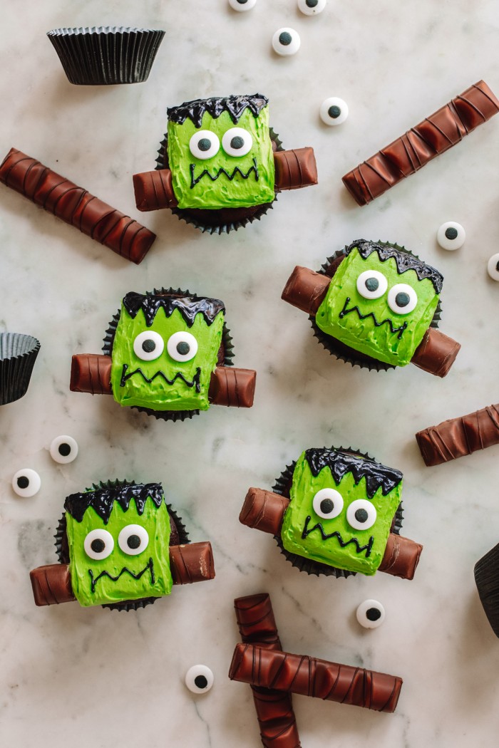 Frankenstein Cupcakes on Marble Table
