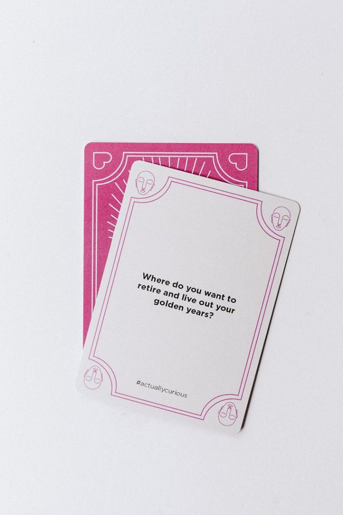 Card from the game "Actually Curious" with the question; where do you want to retire and live our your golden years?