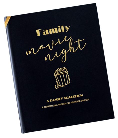 Cover of the family movie night journal; black with gold text.