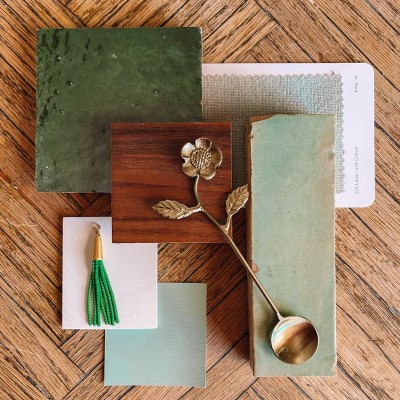Palm Springs House: Kids Bathroom Plans & Inspiration Green bathroom swatches on wood table