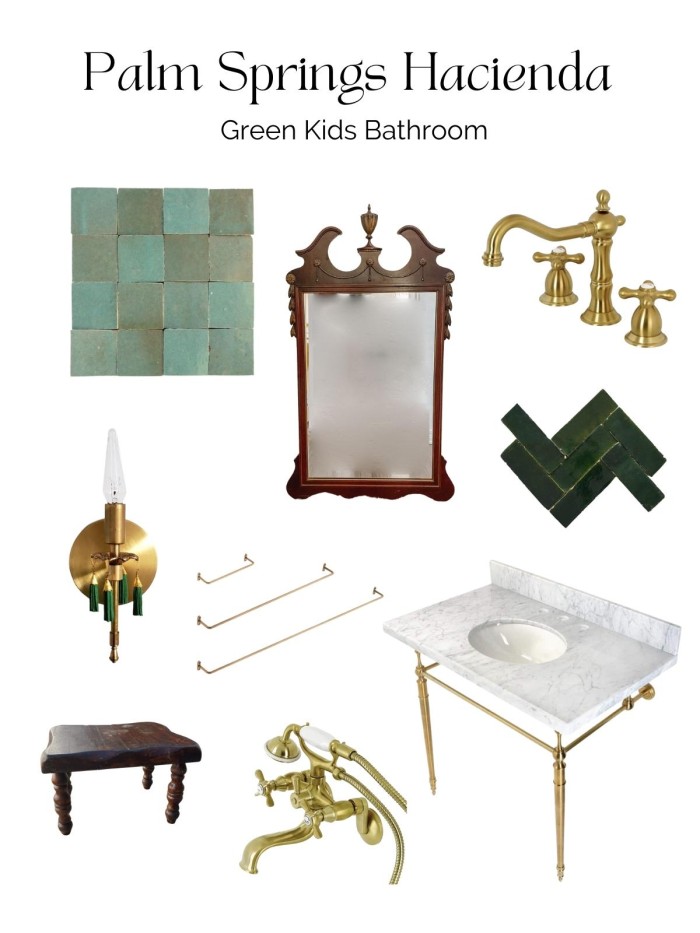 collage of bathroom decor with title "Palm Springs Hacienda"