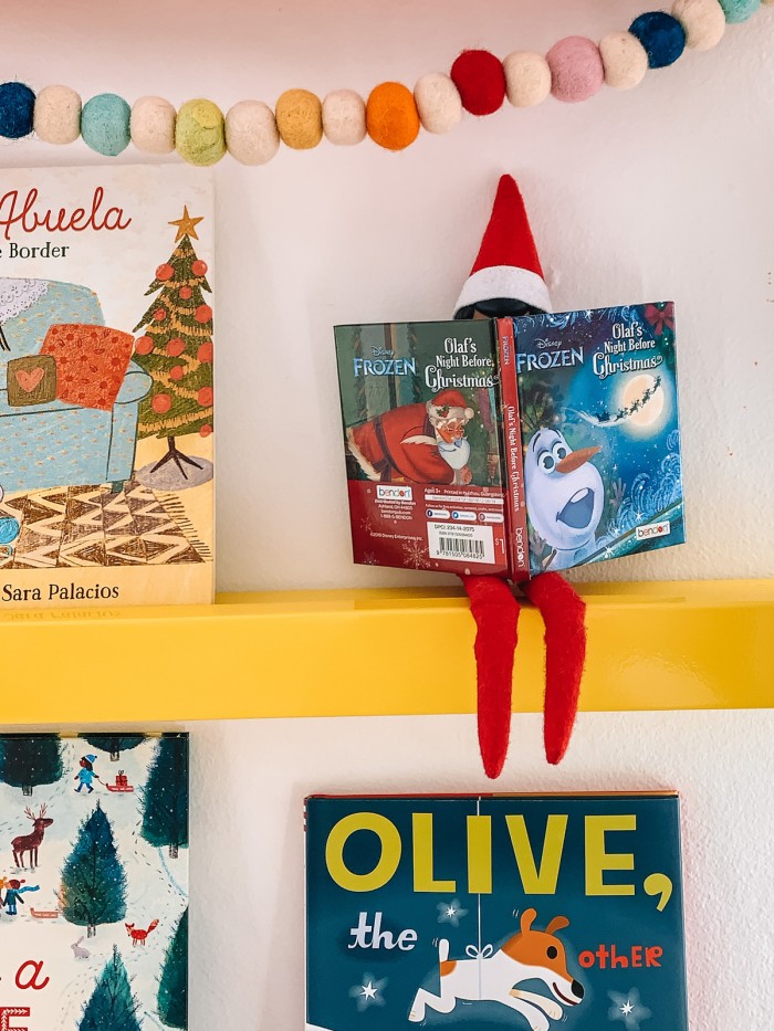 Elf reading book on shelf