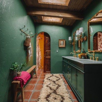 A Dark Green Bathroom with Unexpected Details dark green bathroom with yellow shower seen through archway