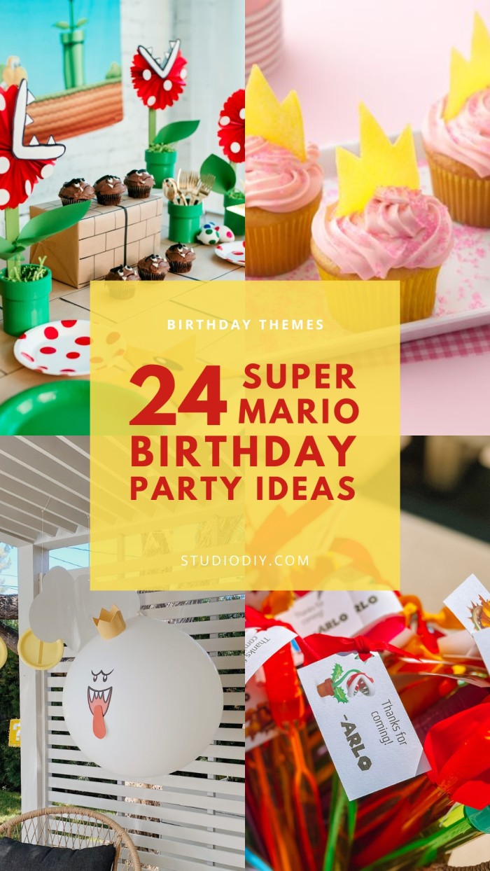 collage of 24 Mario birthday party ideas