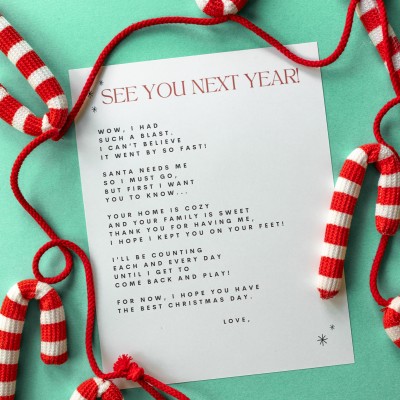 elf goodbye letter on green background with crocheted candy canes around it
