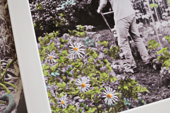 Photo with embroidered flowers on it.