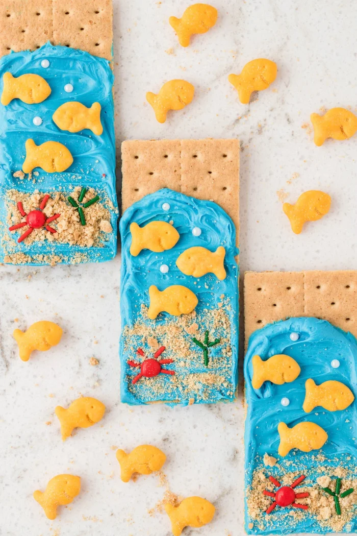 Overhead image of graham cracker snacks on a table.