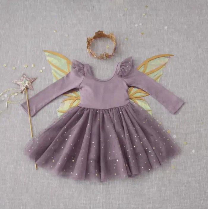 Sugar Plum Fairy Christmas Costume Purple children's dress with wings, a wand and a crown.