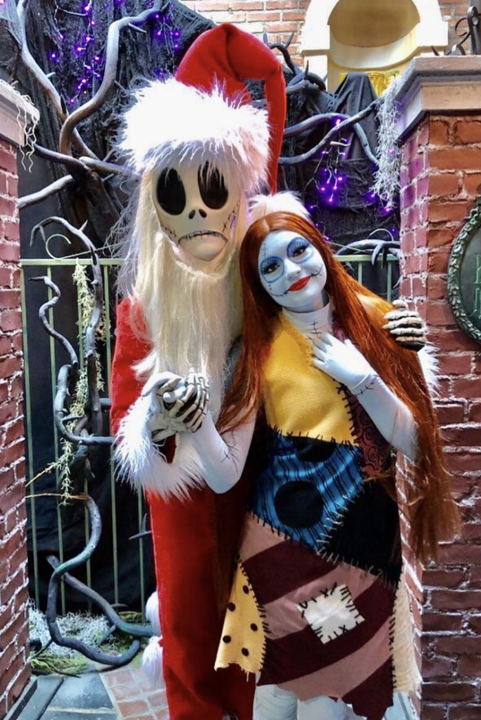 Jack and Sally Christmas Costumes Two people dressed up in Jack and Sally costumes.