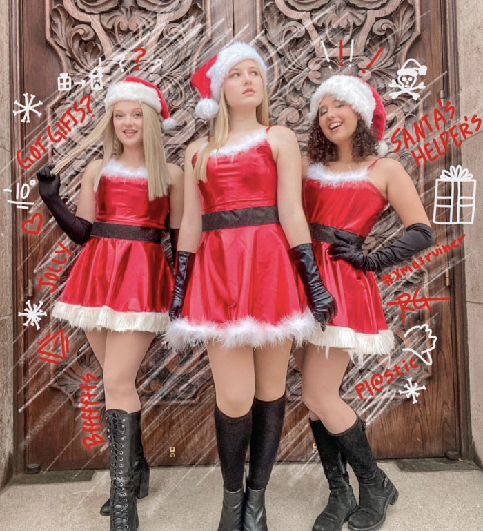 Mean Girls Christmas Costume Three girls dressed as Santa's helpers from the Mean Girls movie.