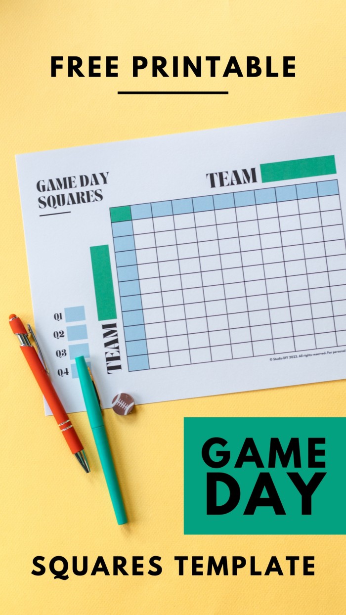 Free Printable Game Day Squares Graphic with text "Free Printable Football Squares" with picture of printable game day squares.