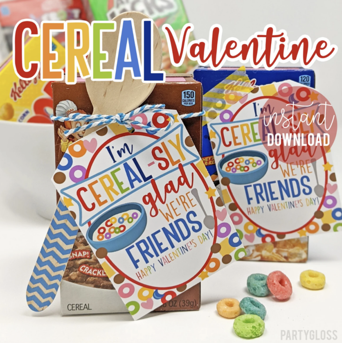 Cereal Box Valentines Cereal boxes with cereal themed valentines attached.