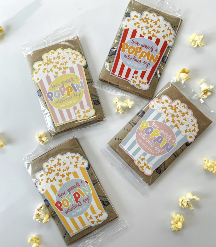 Popcorn Valentines Popcorn packages with valentine stickers on them.