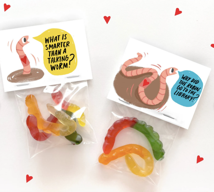 Gummy Worm Valentine Gummy worm valentine's with packages of gummy worms attached.