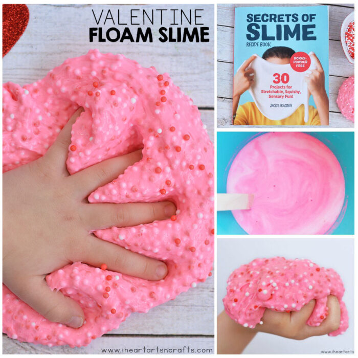 Floam Slime Valentine Craft Hand pushing into a pink floam slime in side by side pictures.