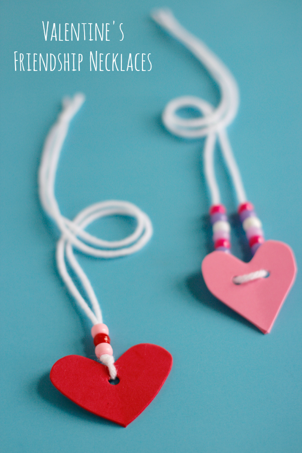 Friendship Necklace Craft Two homemade friendship necklaces with hearts.
