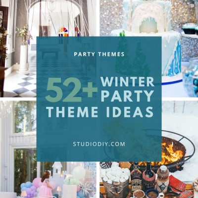 52 Unique Winter Party Themes graphic with winter party theme ideas