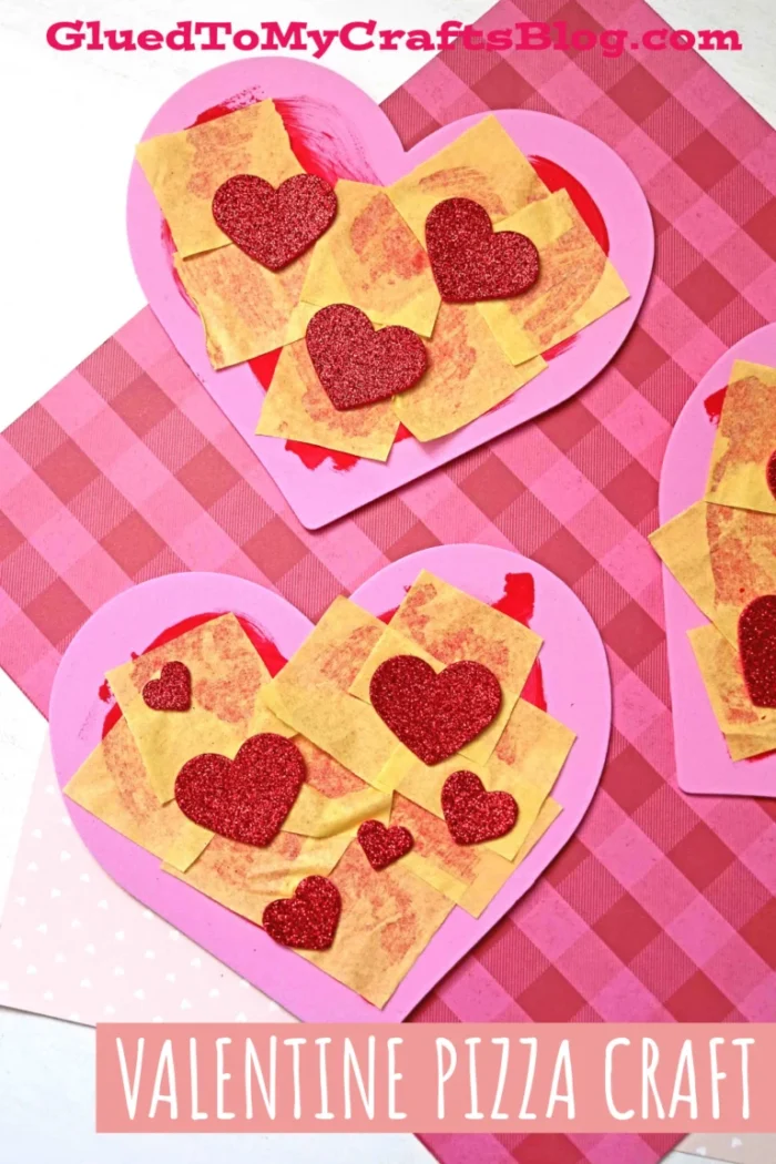 Heart Shaped Pizza Craft Heart shaped pizzas made out of foam paper and paint.