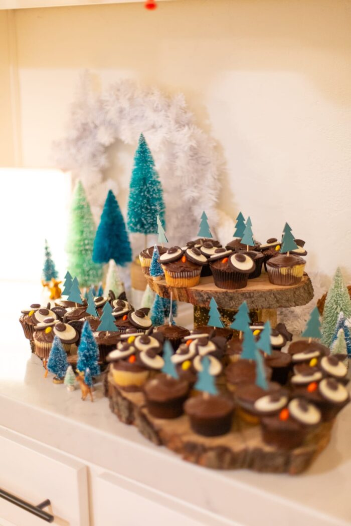 Forest Party Theme Table set with owl cupcakes and mini trees.
