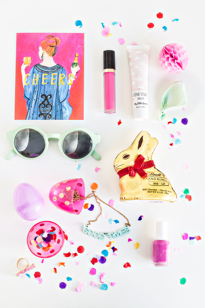 Adult Easter Goodies Easter basket goodies placed on a white background.