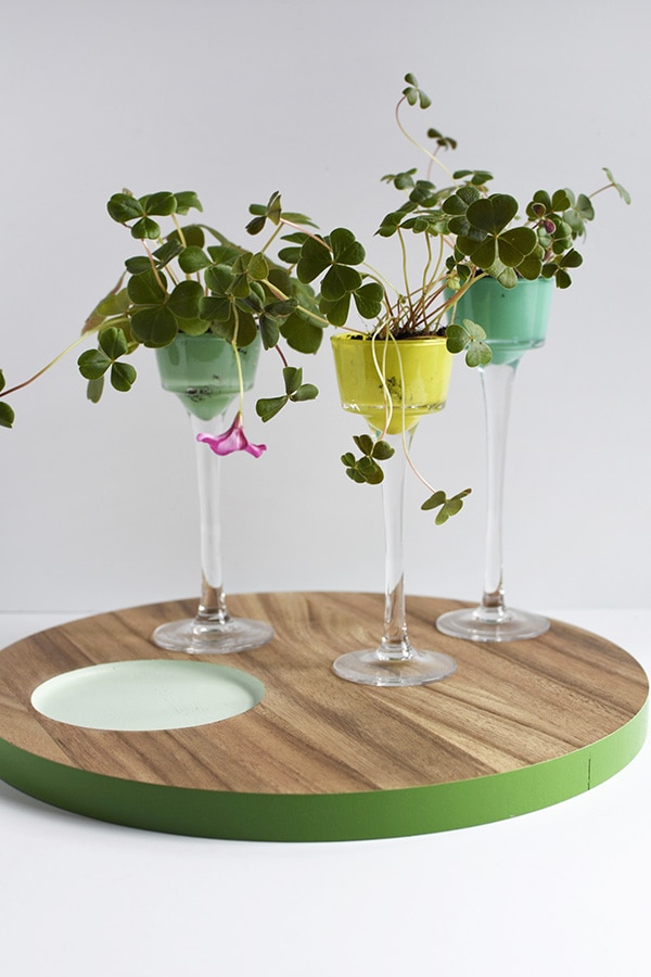 Three tall planters with clovers planted inside. 