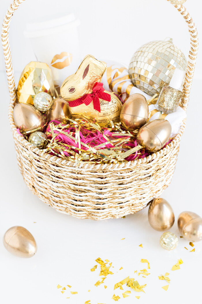 Gold Easter Basket Gold Easter basked with gold-themed goodies inside.