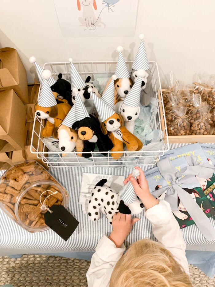 Pet-Themed Party Child's hands placing a hat on a stuffed dog, with more stuffed dogs in a basket.