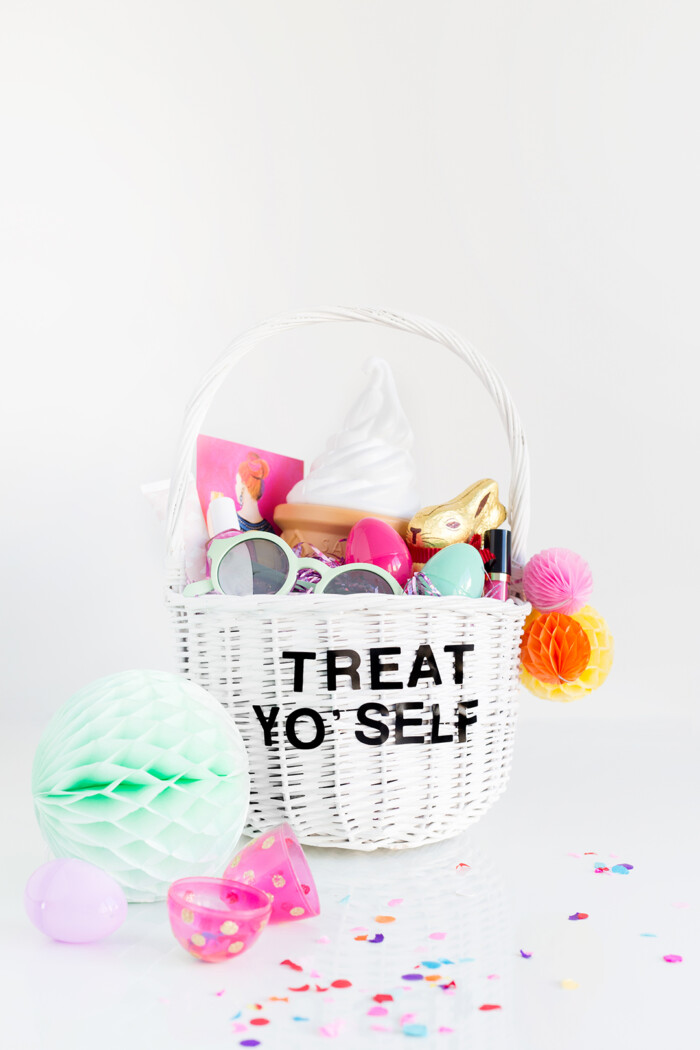 Treat Yourself Egg Basket White easter basket with the words "treat yo' self" on it.