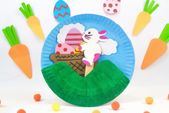 Paper plate with scene of a bunny and a basket of eggs. 