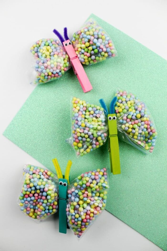 Bug Party Bags of candies clipped together with a clothes pin to look like a butterfly.