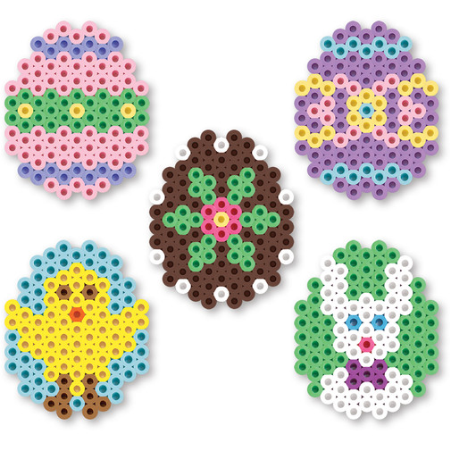 Perler beads in the shape and design of Easter eggs. 