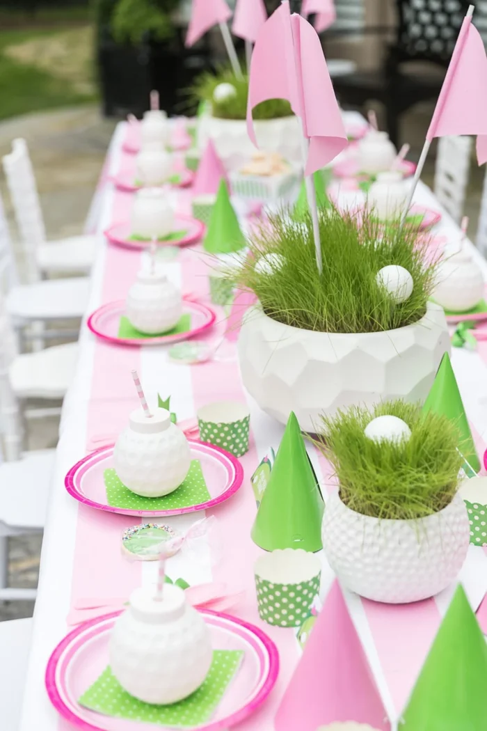 Golf-Themed Party Table set with golf-themed items.