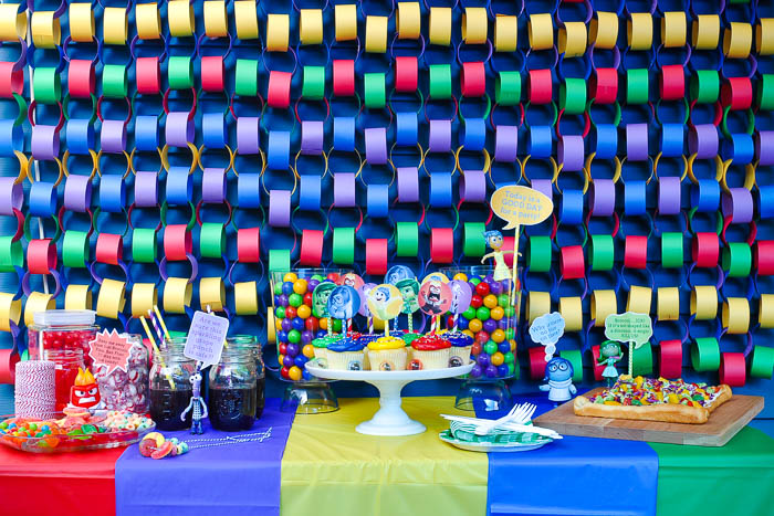 Inside Out Paper Chain Link Inside out birthday party table with paper chain link backdrop.