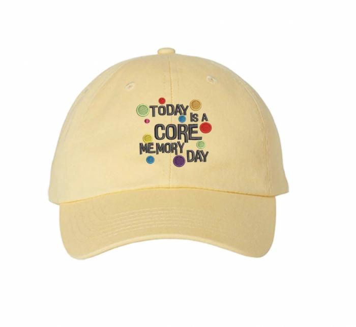 Inside Out Hat Yellow hat with text "today is a core memory day".