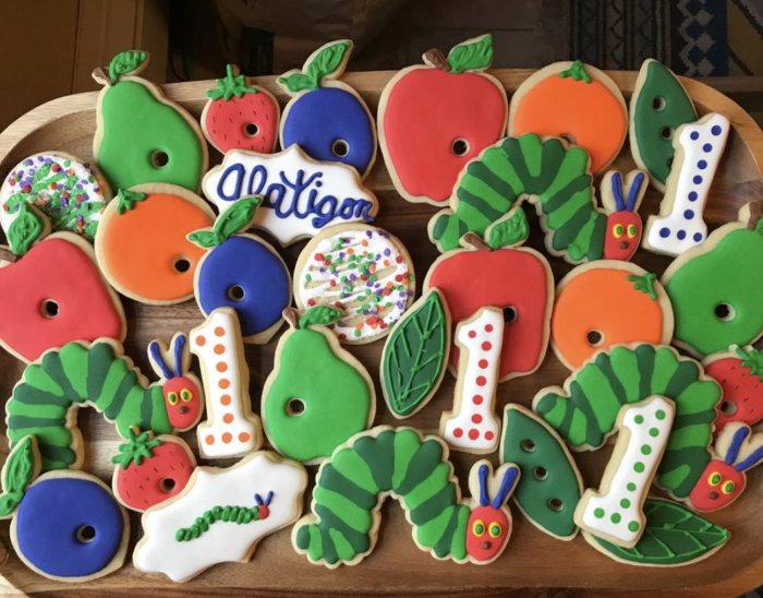 Very Hungry Caterpillar Party Plate of cookies with a "very hungry caterpillar" theme.