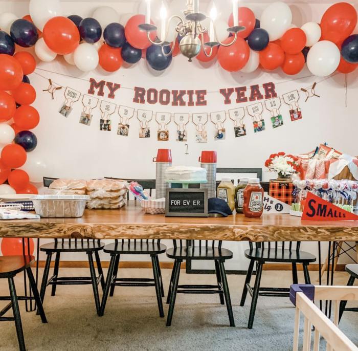 My Rookie Year Birthday Party Sports themed birthday party with a banner saying "my rookie year".