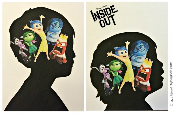 Inside Out Silhouette Craft Two black silhouettes with inside out characters inside the heads.