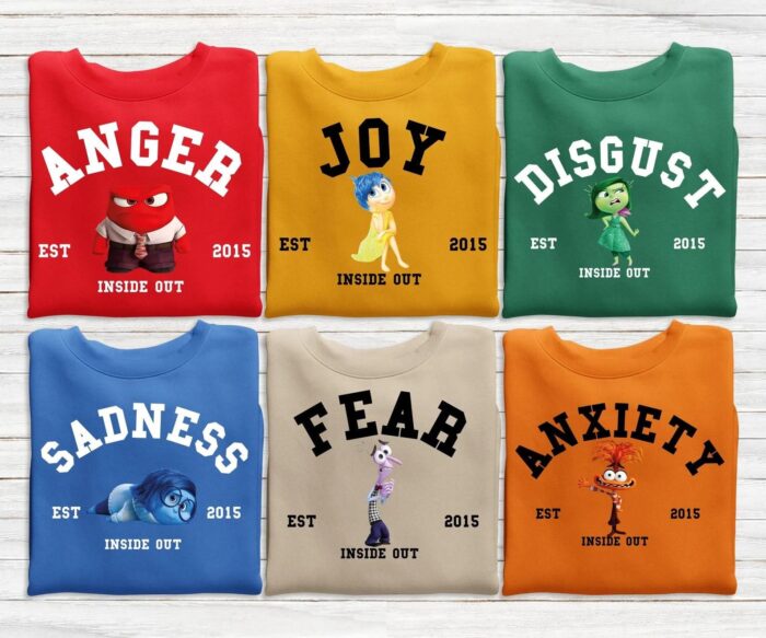 Inside Out Sweatshirts Six sweatshirts with the six emotions from Inside Out.