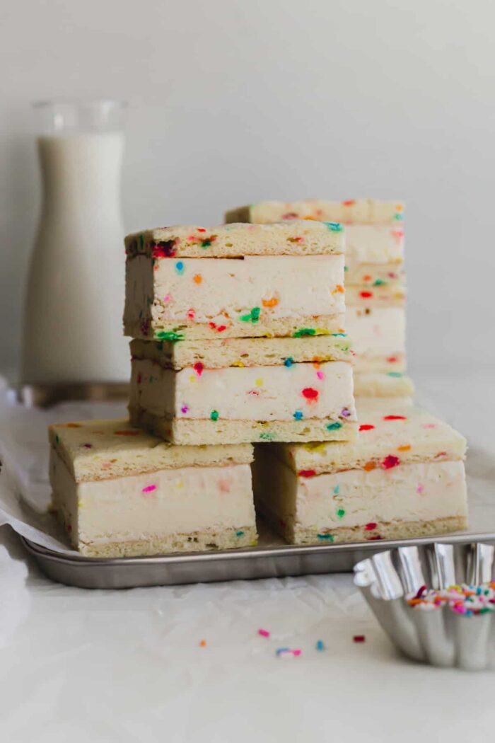 Ice Cream Party Ice cream sandwiches with birthday sprinkles in them.