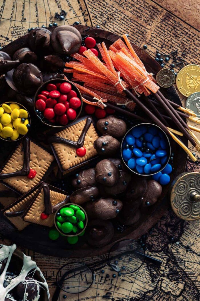 Harry Potter Party Dessert board with Harry Potter themed treats.