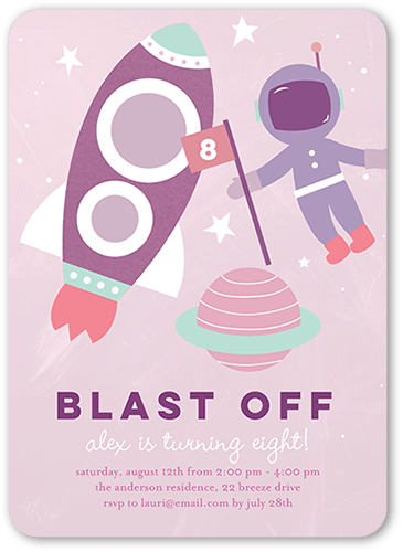 Blast Off Party Birthday invitation with text "blast off" and animation of rocket and astronaut.