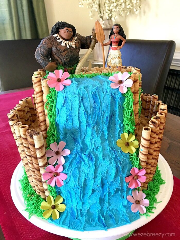Moana Waterfall Cake Birthday cake in the shape of a waterfall topped with Moana characters.