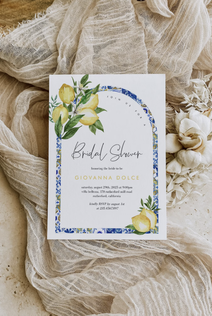 Bridal shower invitation with Italian-style blue motif tile design. 