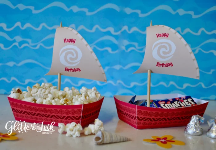 Moana Snack Boats Two cardboard Moana-themed snack boats.